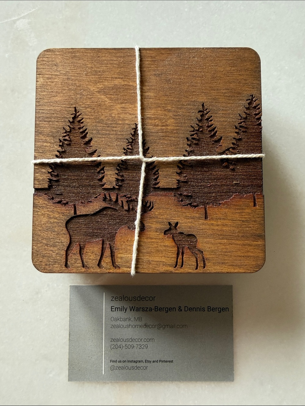 Wooden Moose & Trees Coasters - Rustic Brown Set